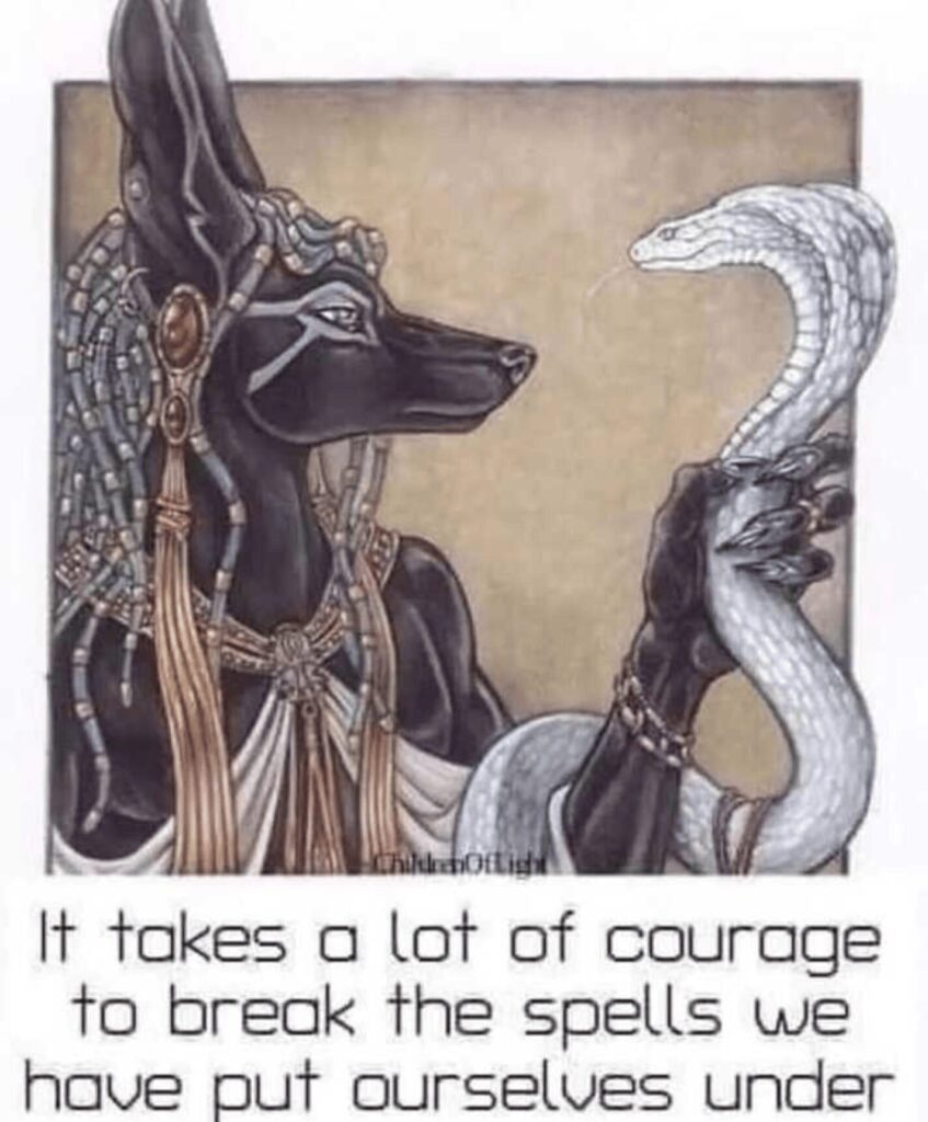 Anubis and a cobra illustration with the quote: It takes a lot of courage to break the spells we have put ourselves under.